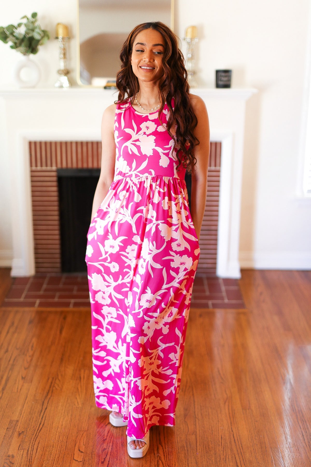 Fuchsia & Pink Big Floral Fit and Flare Sleeveless Maxi Dress