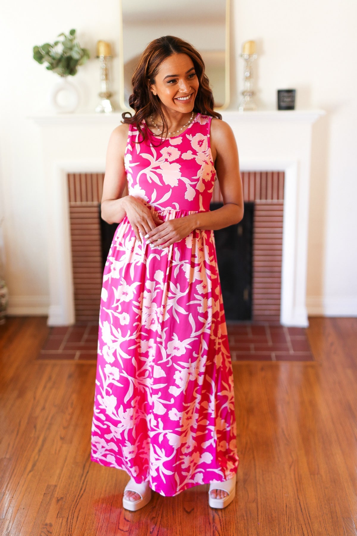 Fuchsia & Pink Big Floral Fit and Flare Sleeveless Maxi Dress