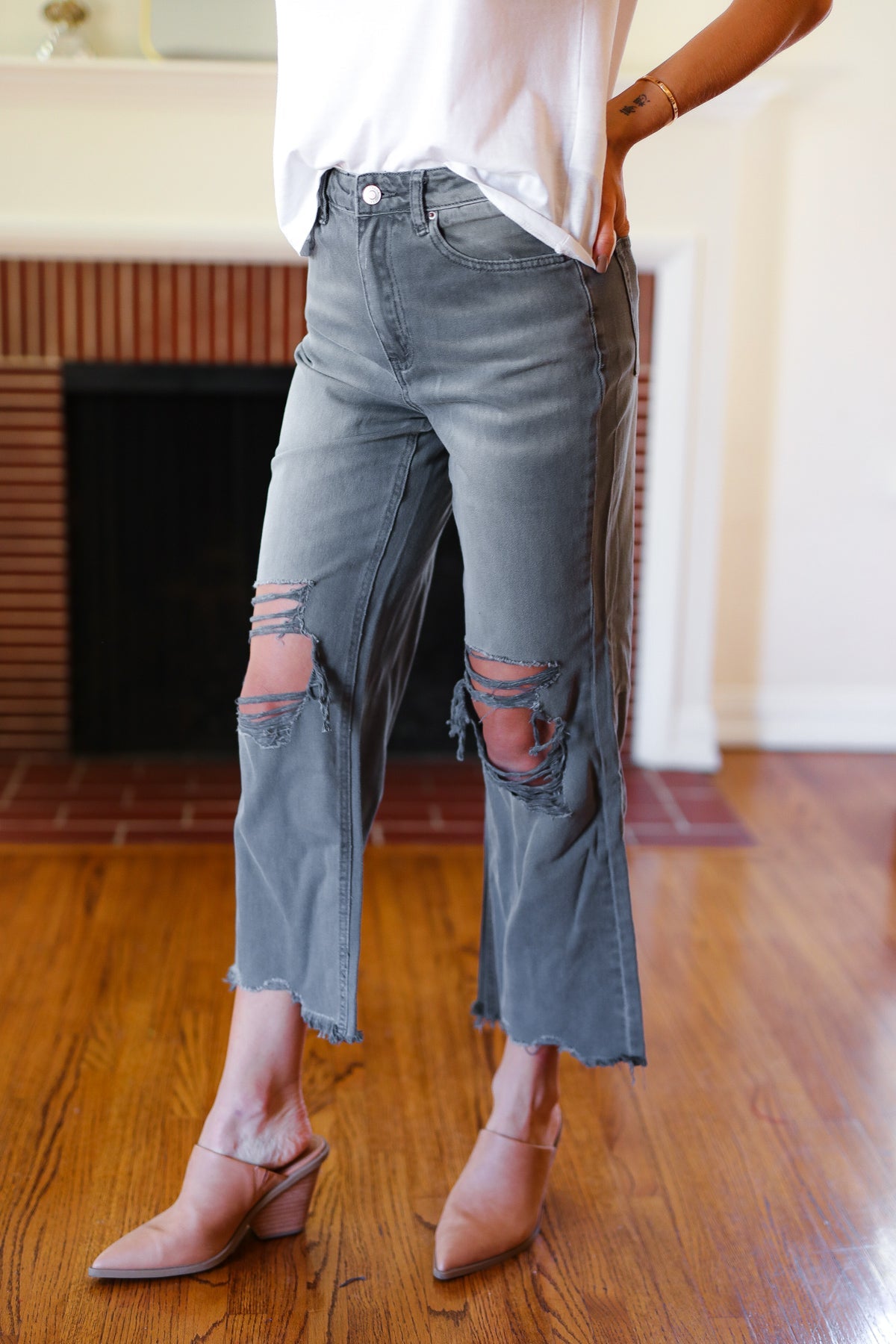 Cut Loose Ash Black High Rise Washed Distressed Cropped Pants