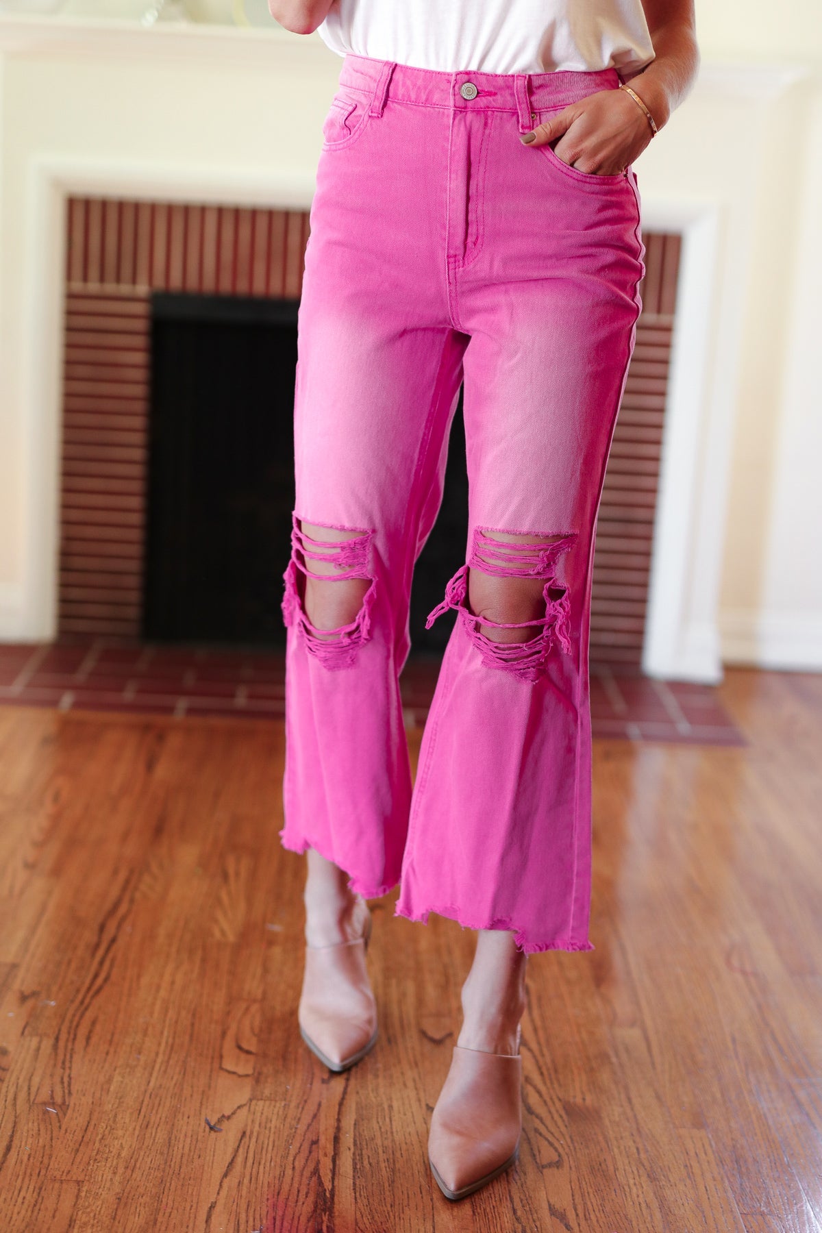 Cut Loose Hot Pink High Rise Washed Distressed Hem & Knee Cropped Pants