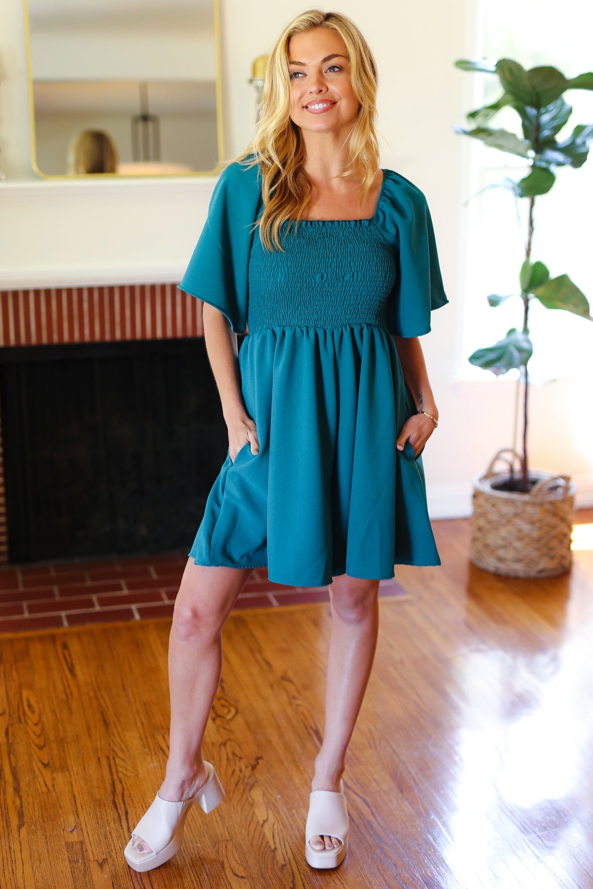 Feeling Playful Teal Smocked Flutter Sleeve Romper