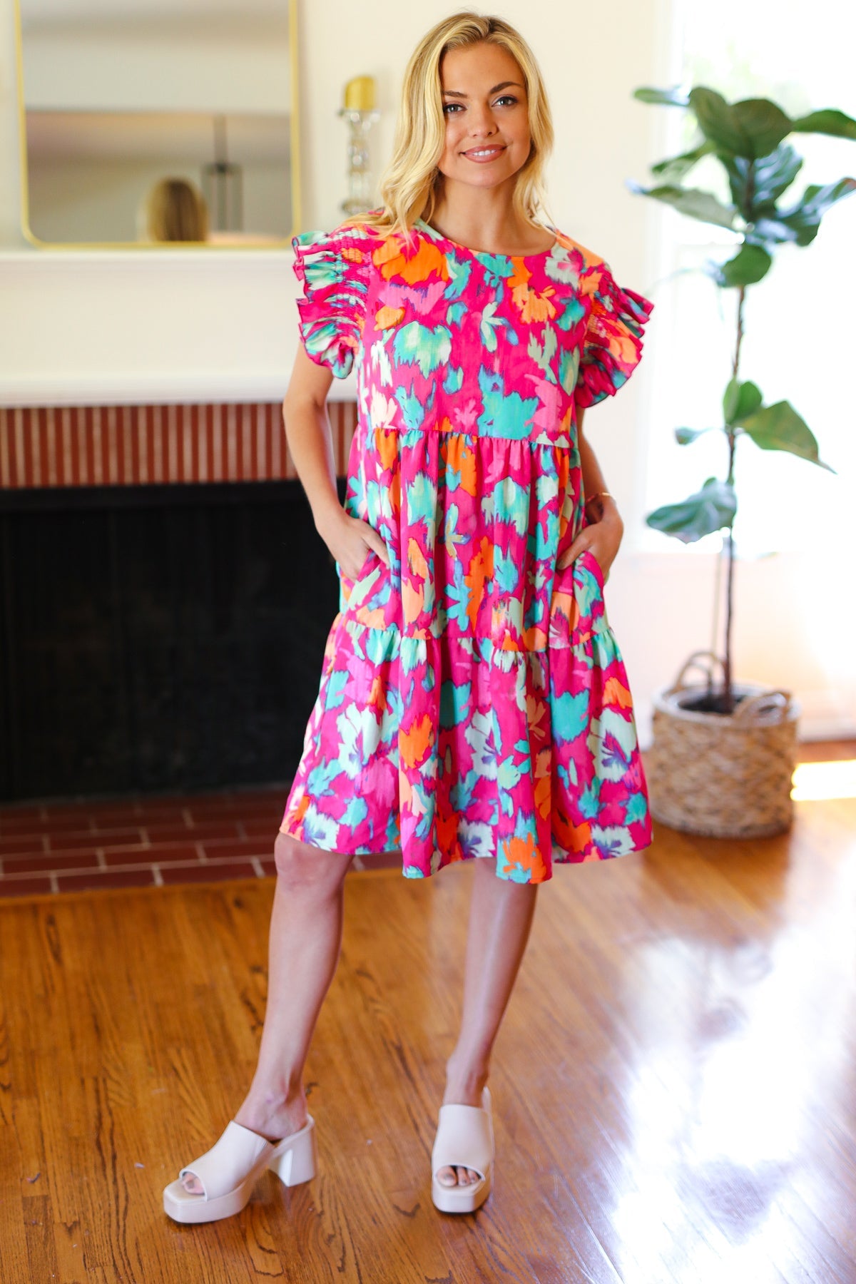 Look of Love Fuchsia Abstract Floral Print Smocked Ruffle Sleeve Dress