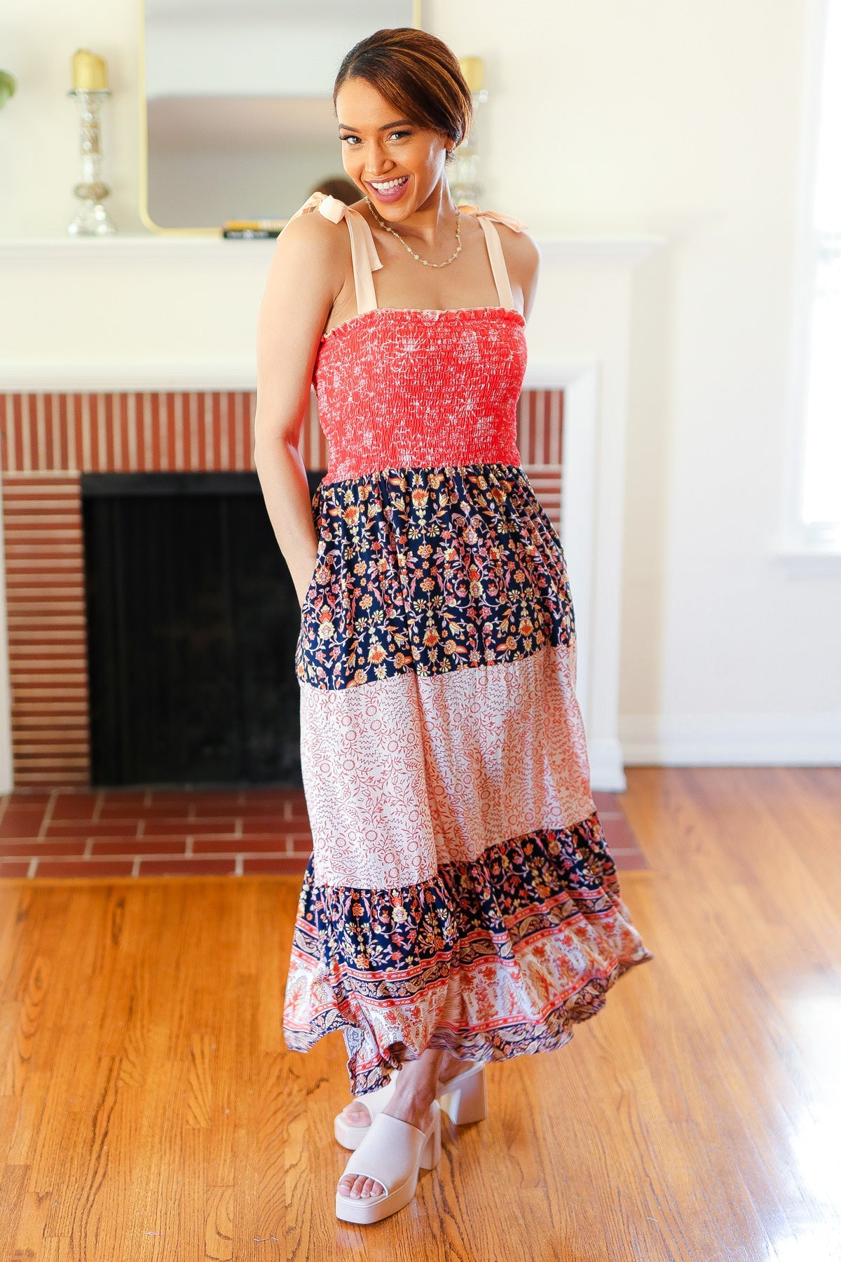 Vacay Vibes Orange Floral Smocked Tube Top Tiered Maxi Dress