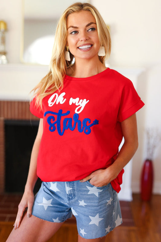 Oh My Stars Red Embroidered French Terry Dolman Top