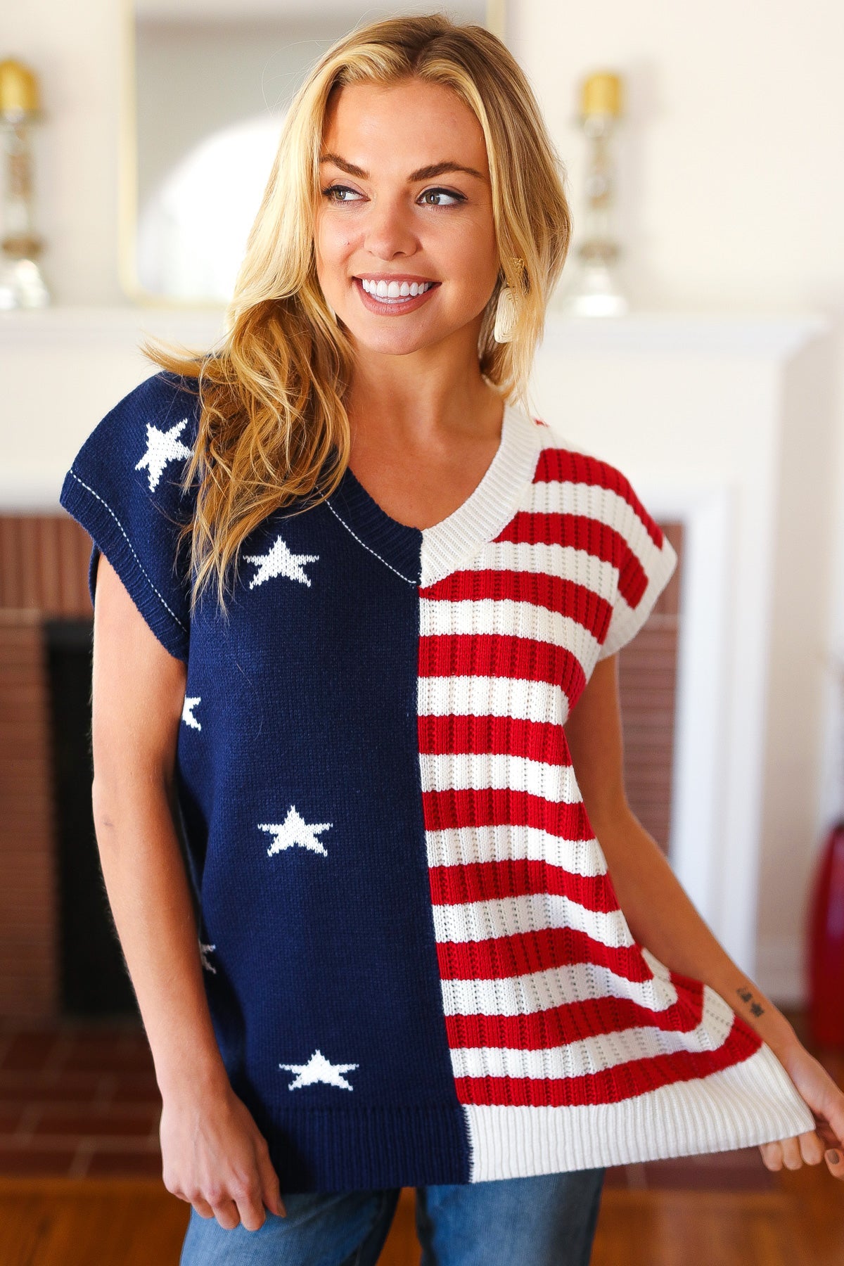 Stars & Stripes Americana V Neck Dolman Sweater Top