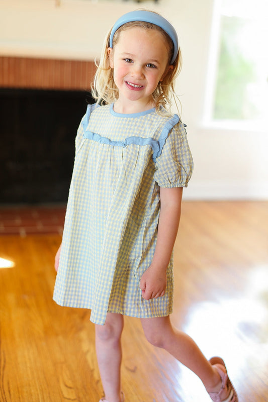Youth Charming Blue Gingham Elastic Tie Sleeve Dress