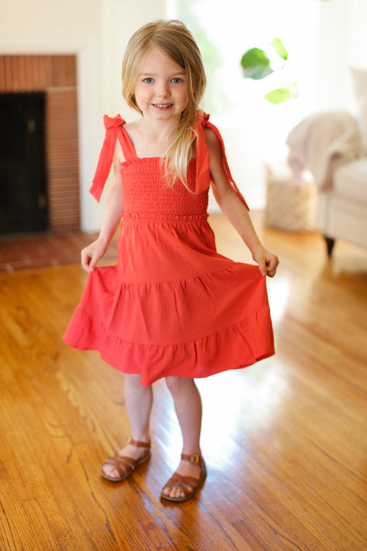 Youth Darling Paprika Crepe Tiered Smocked Shoulder Tie Dress