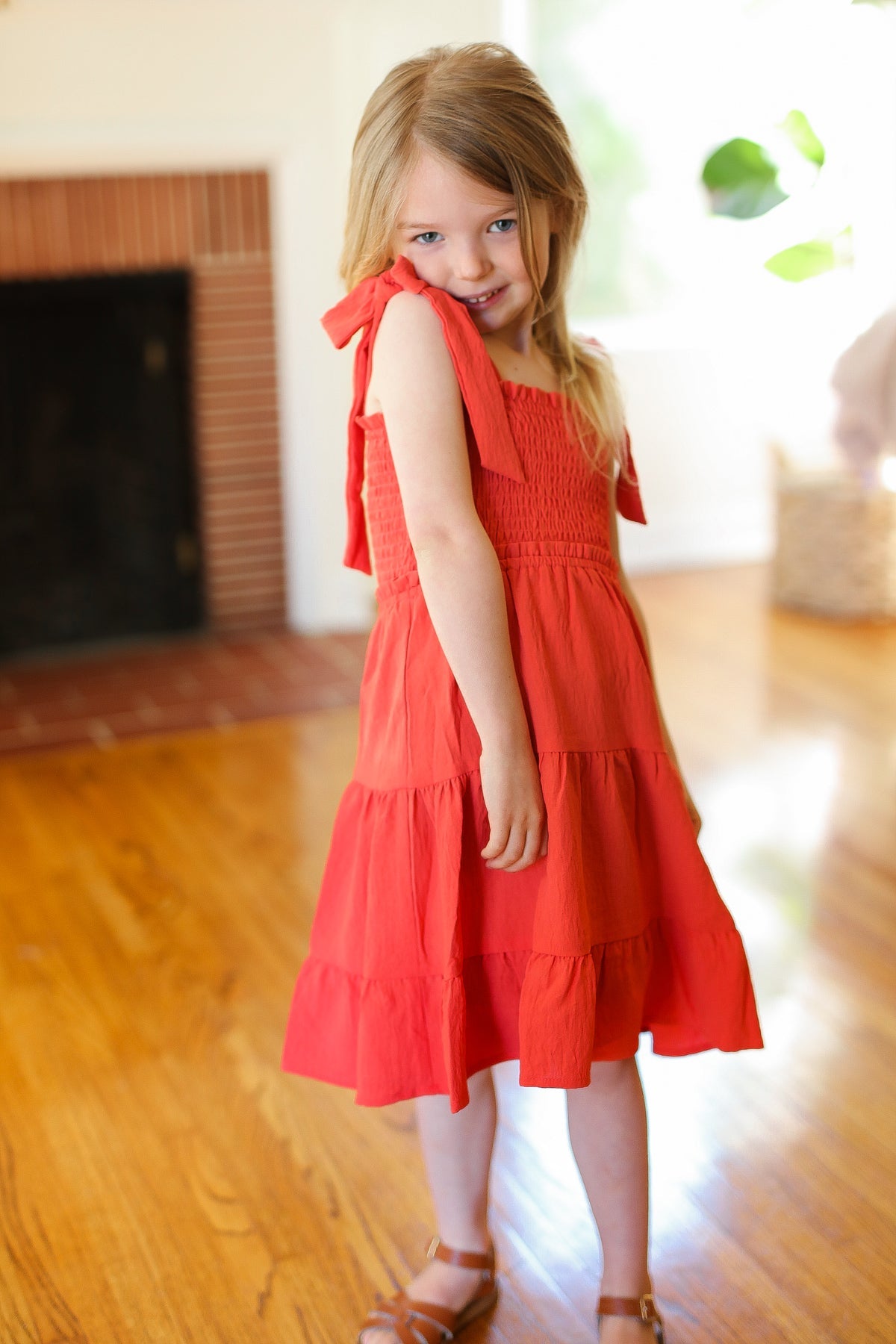 Youth Darling Paprika Crepe Tiered Smocked Shoulder Tie Dress