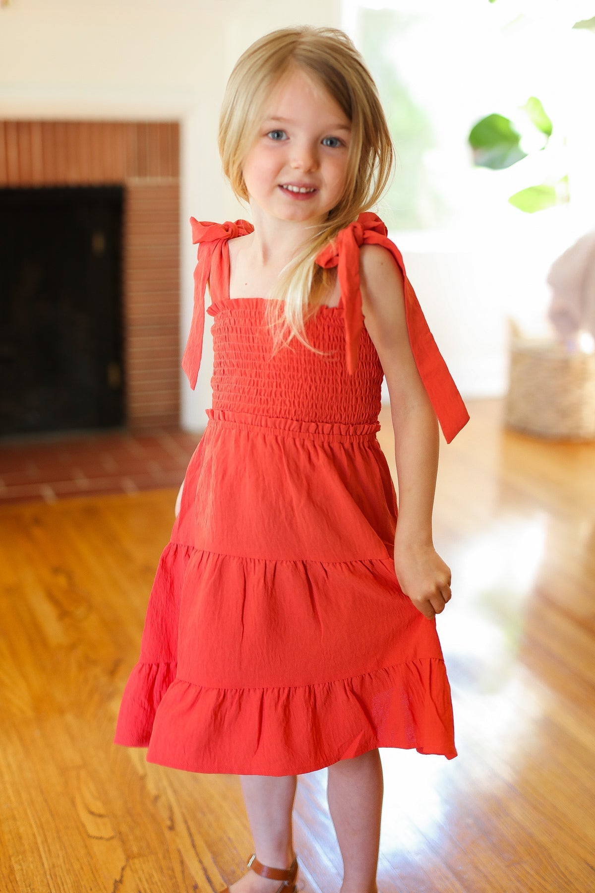 Youth Darling Paprika Crepe Tiered Smocked Shoulder Tie Dress