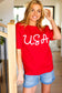 USA Red Knit Embroidery Puff Sleeve Sweater Top