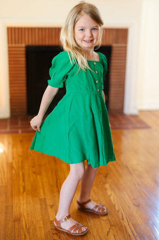 Youth Adorable Green Button Square Neck Ruche Back Dress