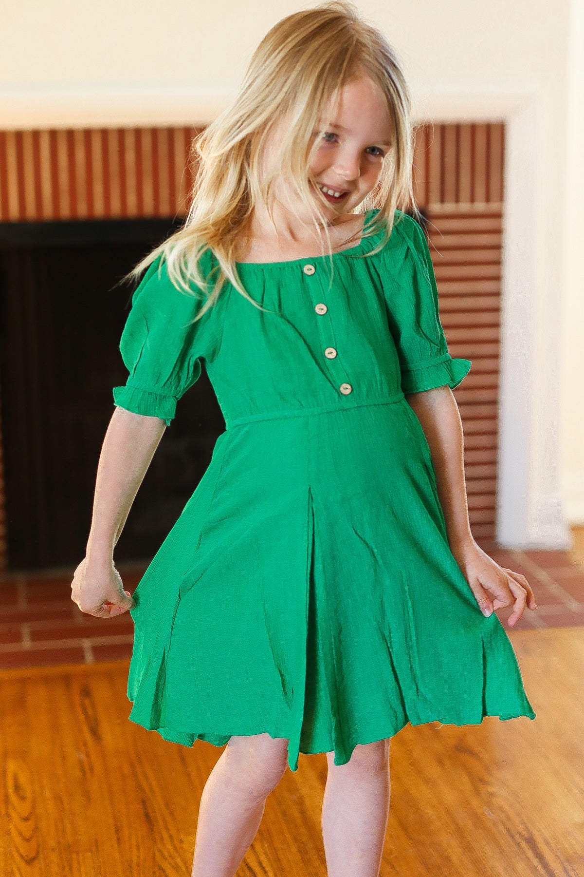 Youth Adorable Green Button Square Neck Ruche Back Dress