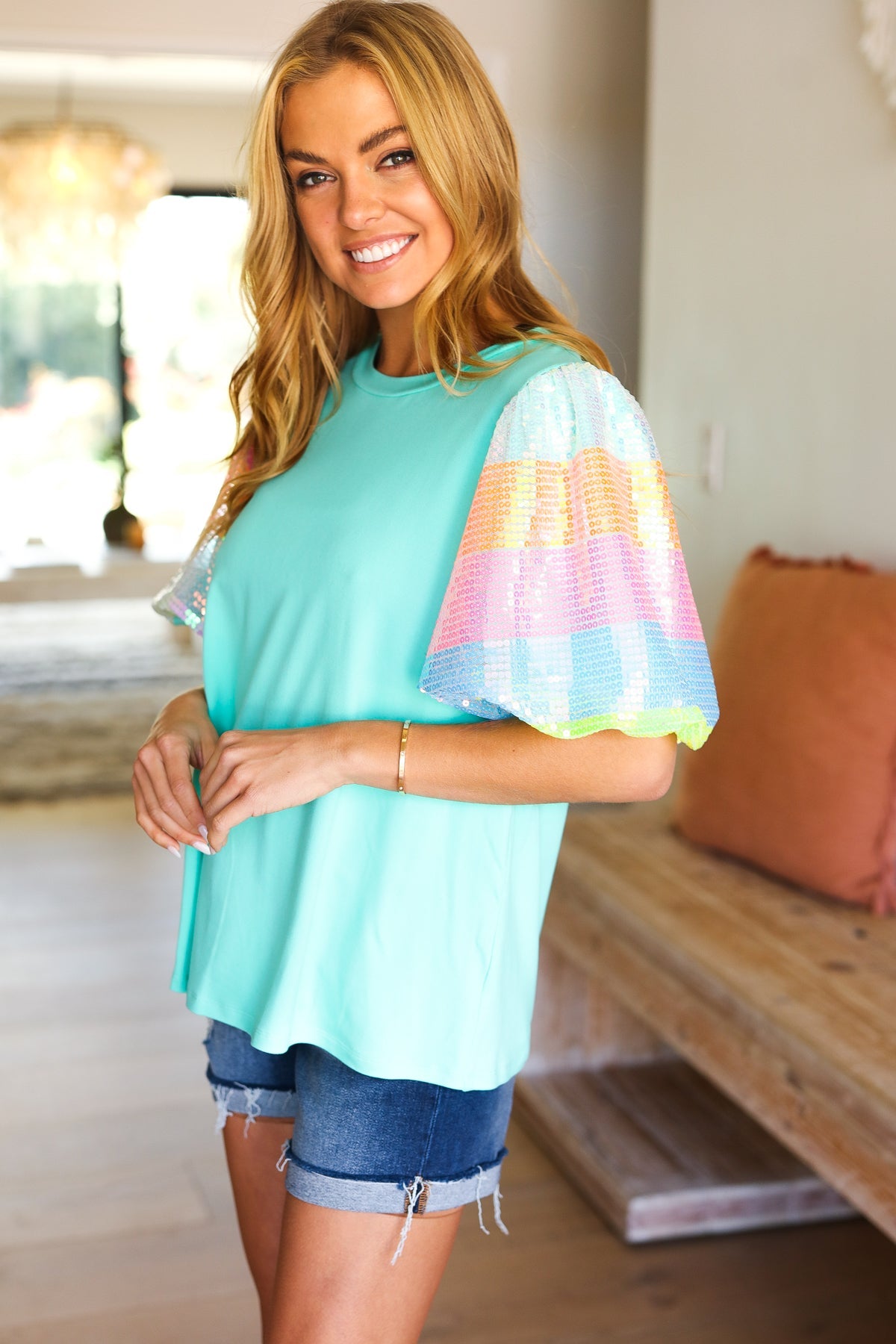 Stand Out Mint Rainbow Sequin Puff Sleeve Top