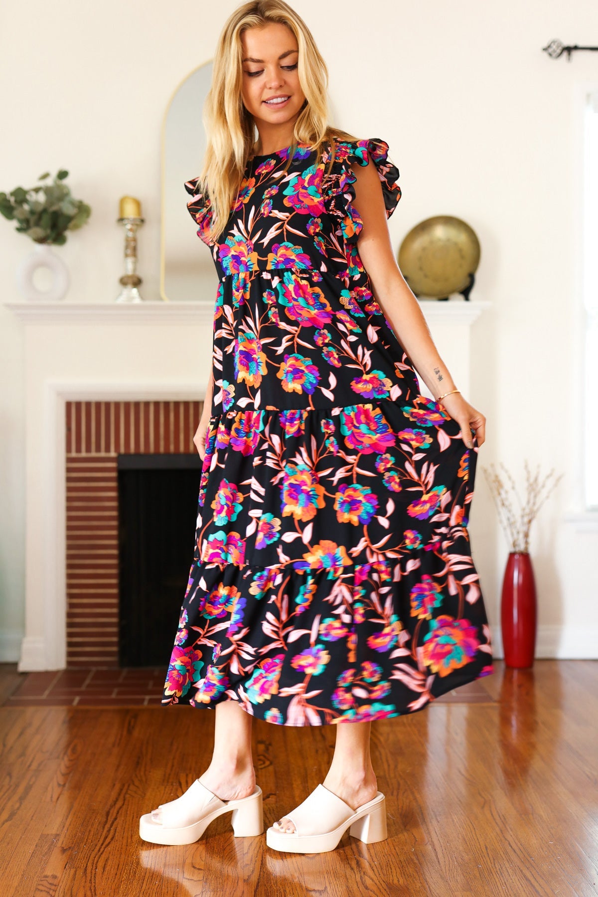 Just A Dream Black Floral Print Smocked Ruffle Sleeve Maxi Dress