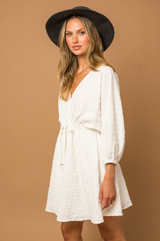 Blouson Seersucker Batwing White Dress