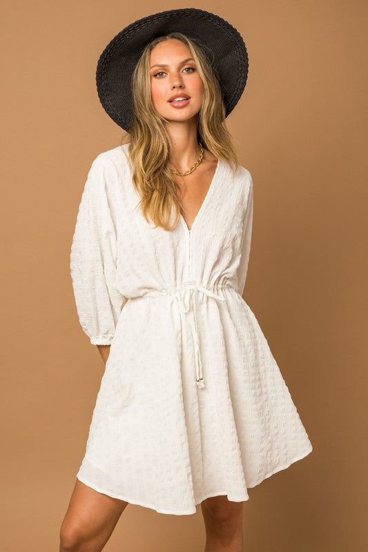 Blouson Seersucker Batwing White Dress