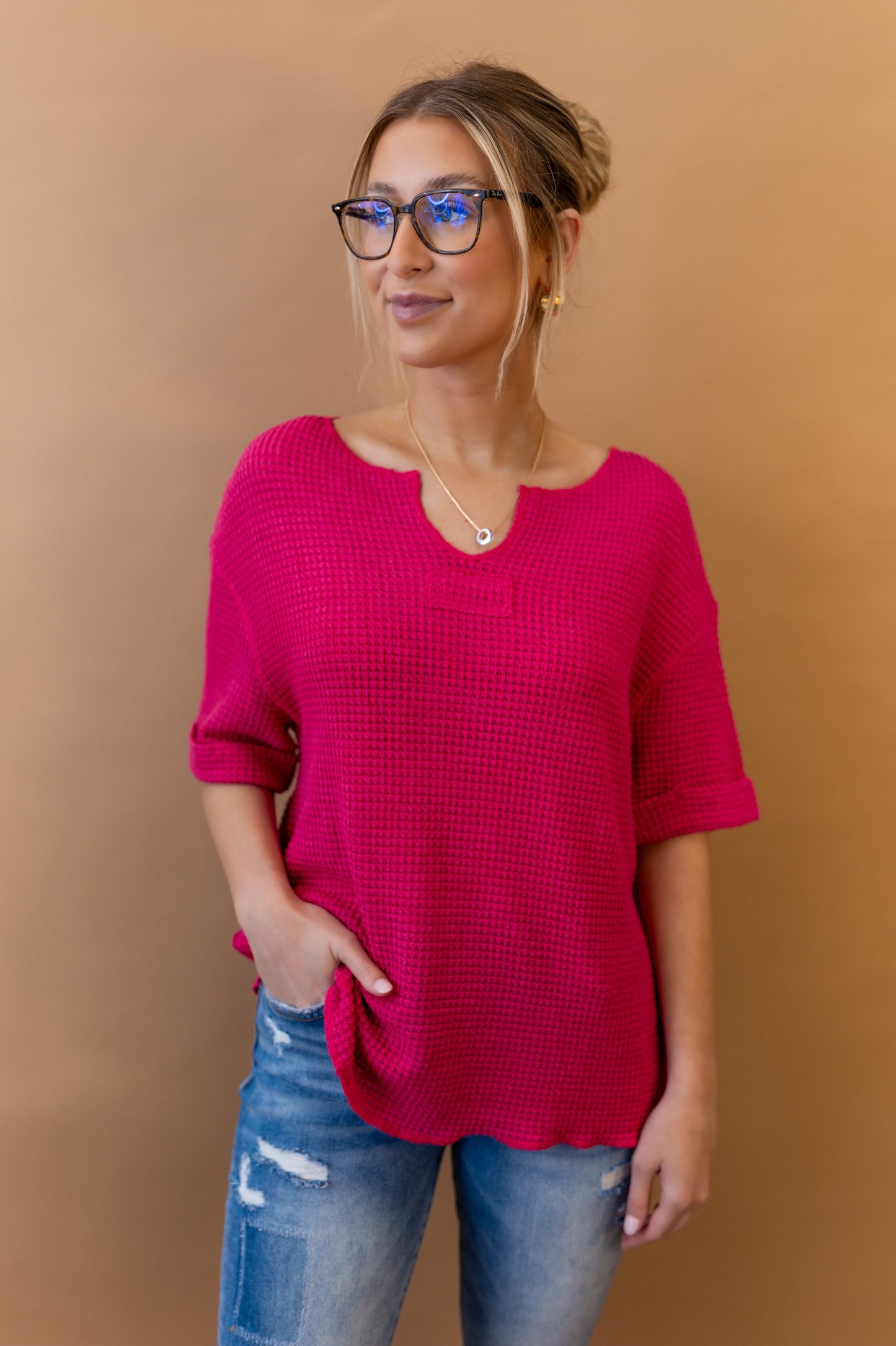 Tanya Waffle Knit Top in Fuchsia