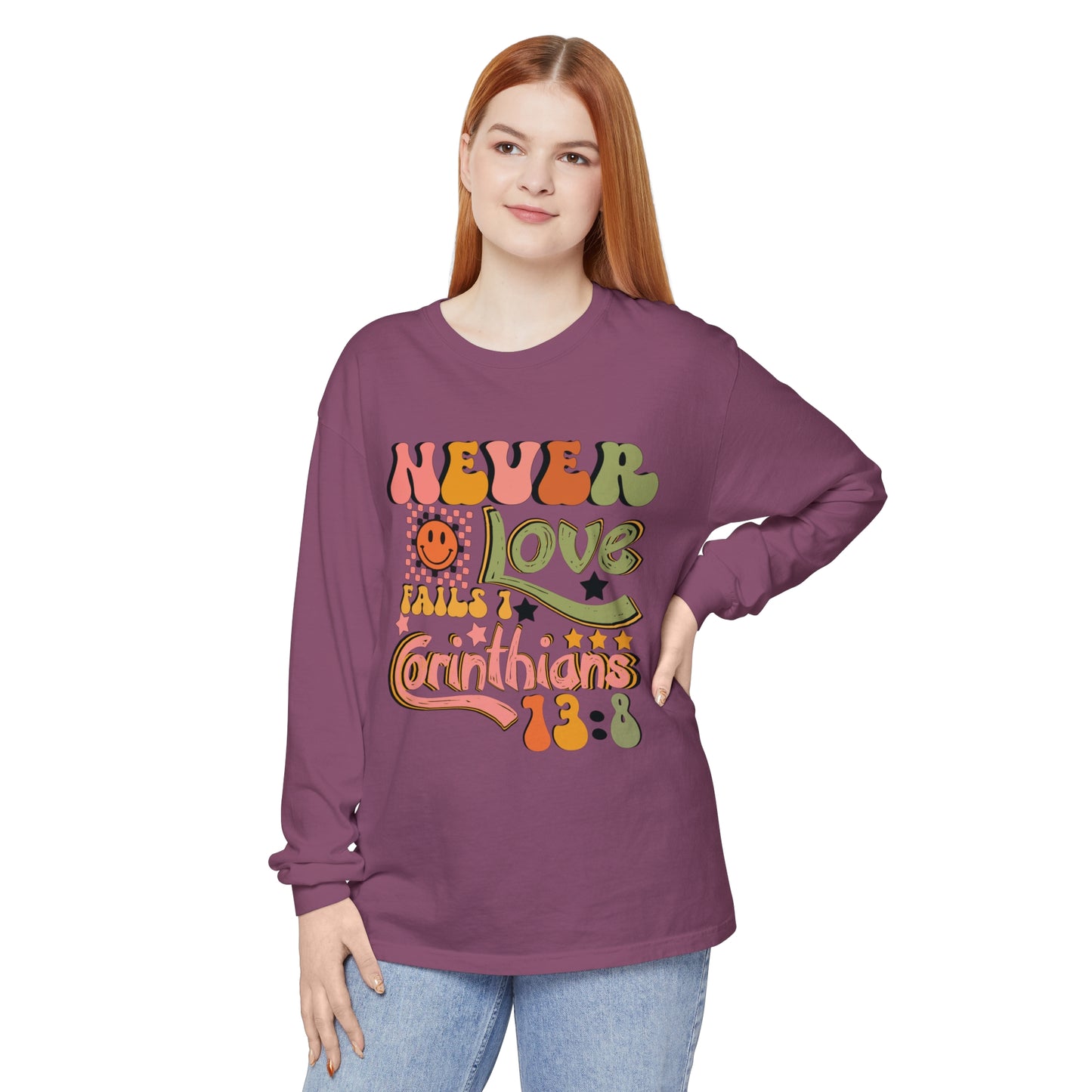 Love Never Fails Unisex Garment-dyed Long Sleeve T-Shirt