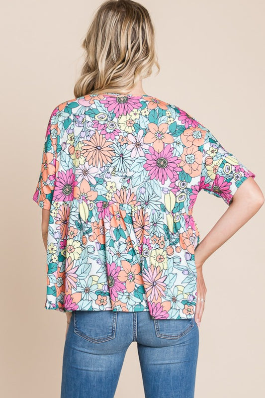 Floral Round Neck Short Sleeve Blouse