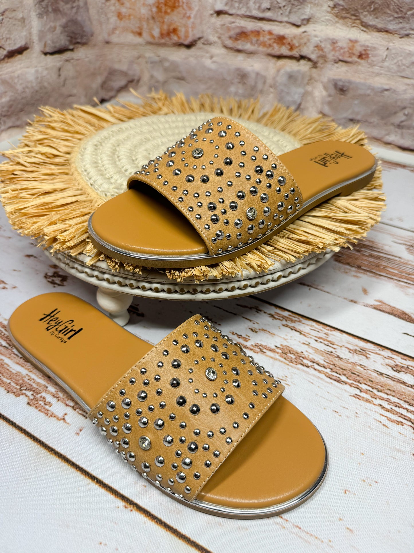 Simone Studded Slide in Caramel