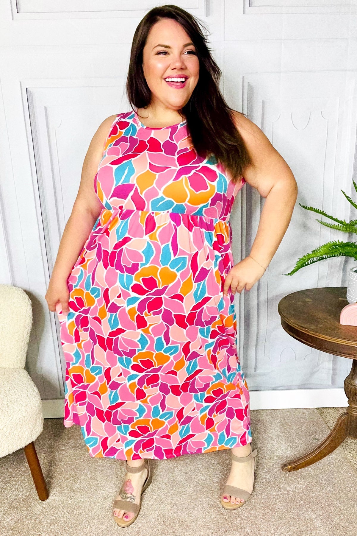 Hello Beautiful Fuchsia Abstract Floral Fit & Flare Maxi Dress