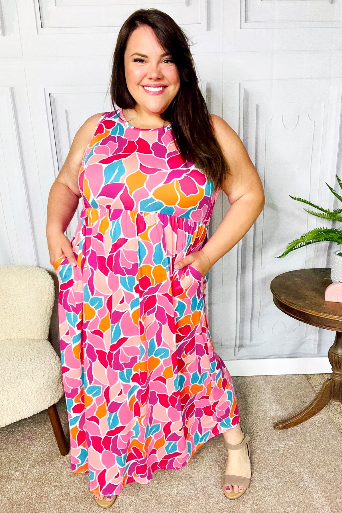 Hello Beautiful Fuchsia Abstract Floral Fit & Flare Maxi Dress
