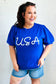 USA Blue Knit Embroidery Puff Sleeve Sweater Top