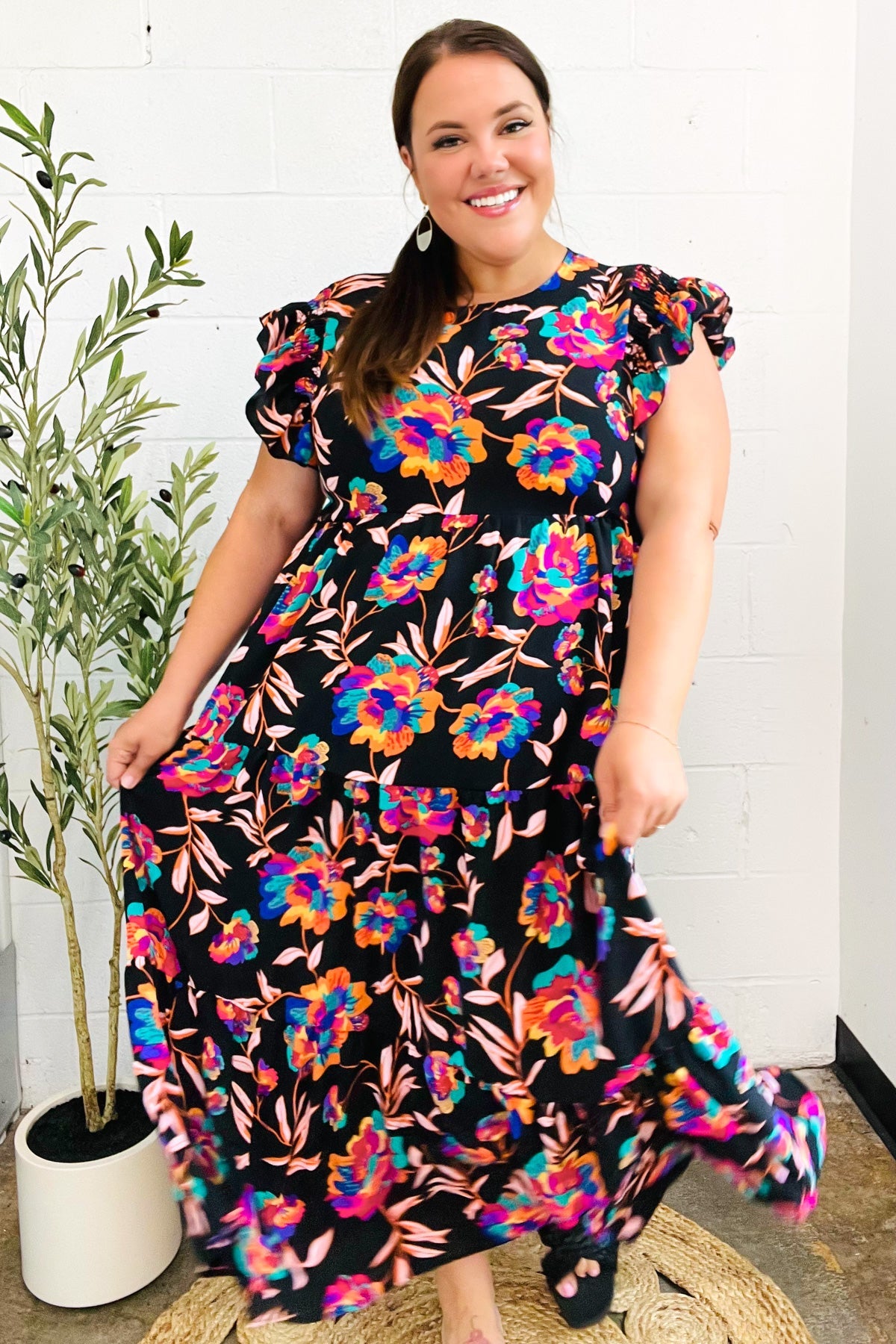 Just A Dream Black Floral Print Smocked Ruffle Sleeve Maxi Dress