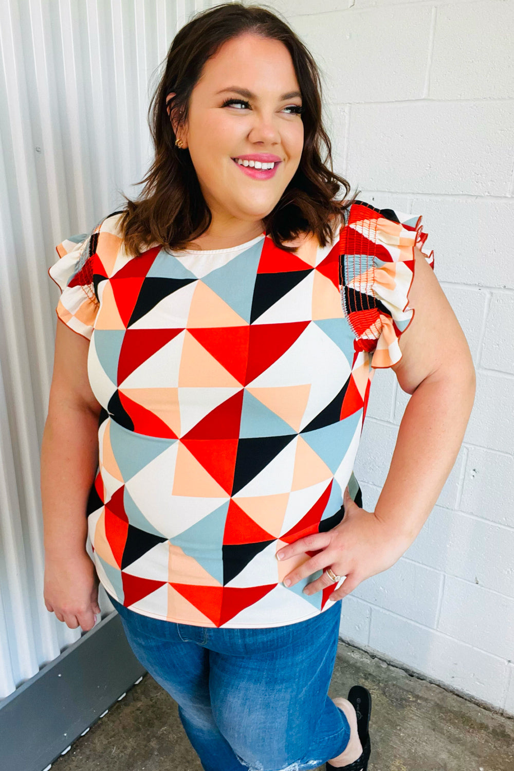 Burnt Orange Geo Print Smocked Ruffle Frill Sleeve Top