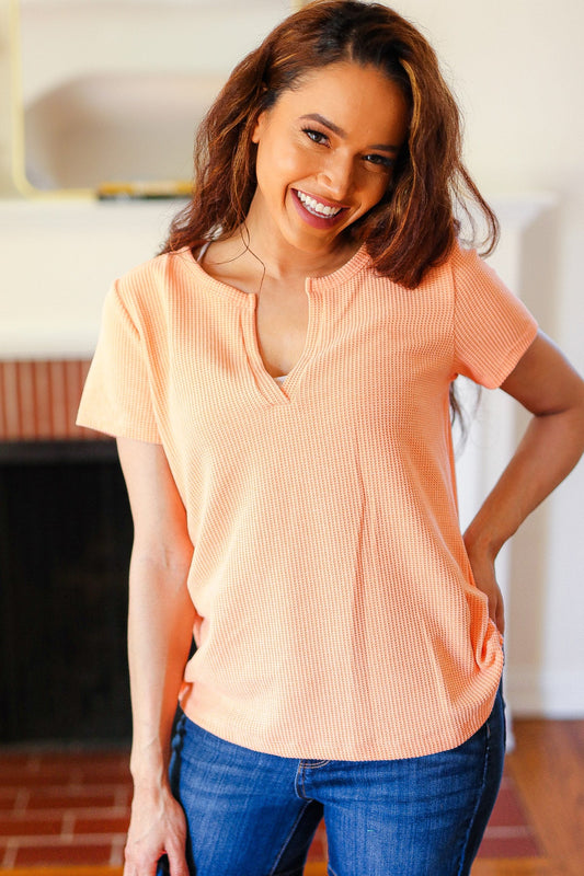 Feel Your Best Orange Baby Waffle Henley Neckline Top