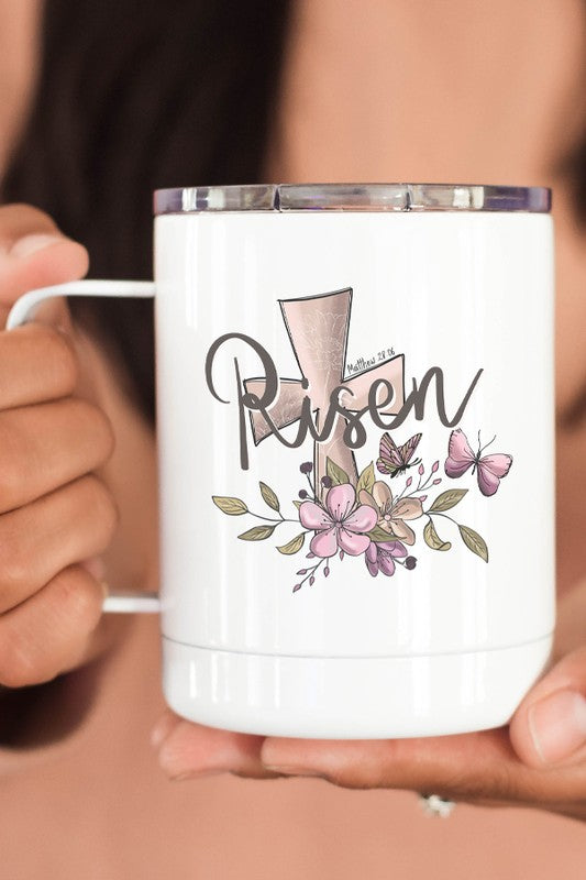 Easter "Risen" Cross Floral Coffee Travel Cup