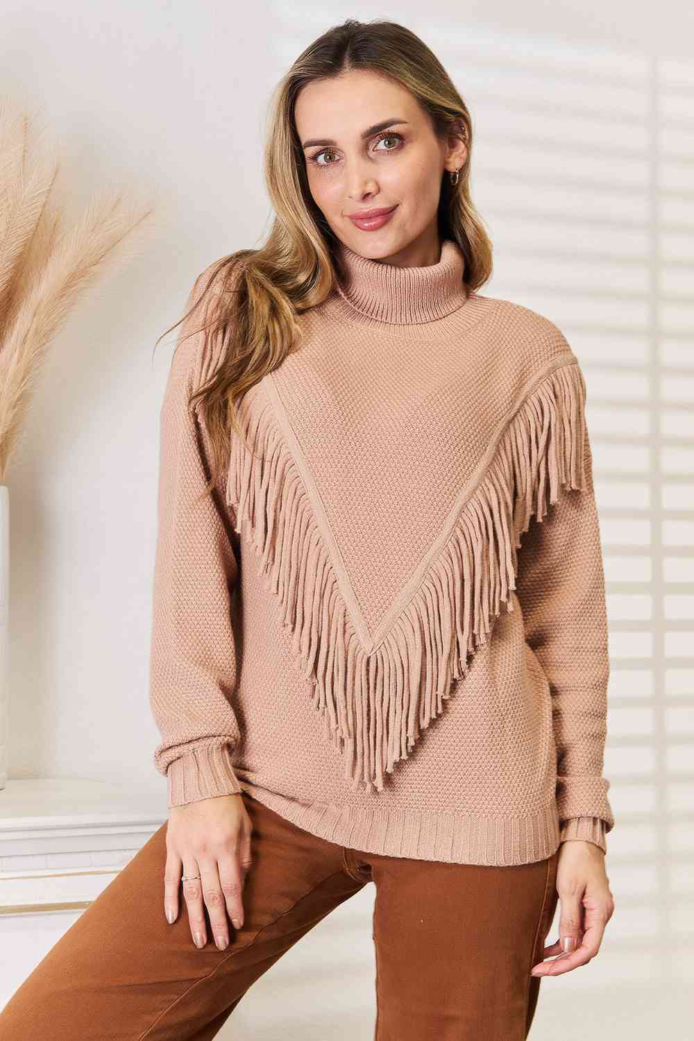 Woven Right Turtleneck Front Long Sleeve Sweater