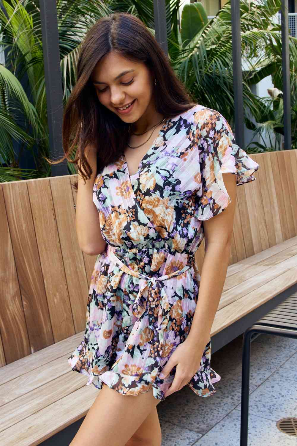 Full Size Floral Tie Belt Ruffled Romper